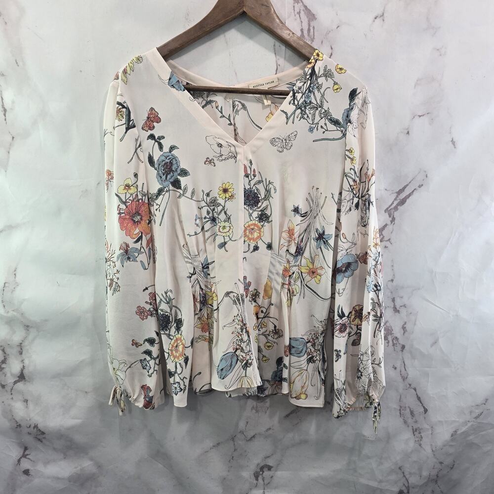 Rebecca Taylor Shirt Womens 6 Small Pink Floral Silk Flared Tie Sleeve Blouse